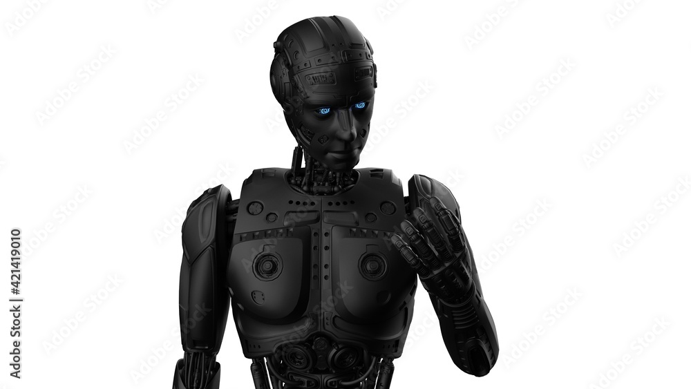 Detailed appearance of the Black AI robot under white background. 3D illustration. 3D high quality rendering. 3D CG. Detailed appearance of the Black AI robot under white background. 3D illustration. 3D high quality rendering. 3D CG.