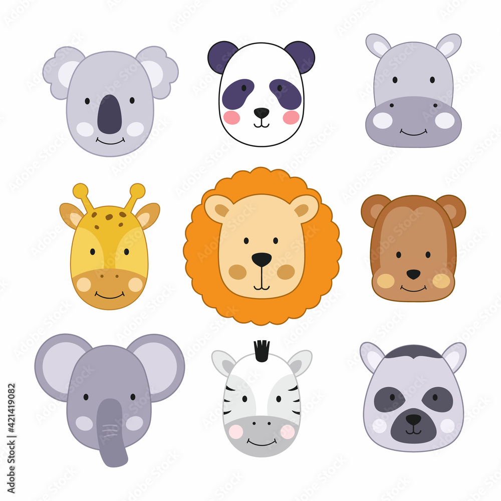 A set of illustrations with cute animal faces. Wild animals for kids in  cartoon style. Stock Vector | Adobe Stock