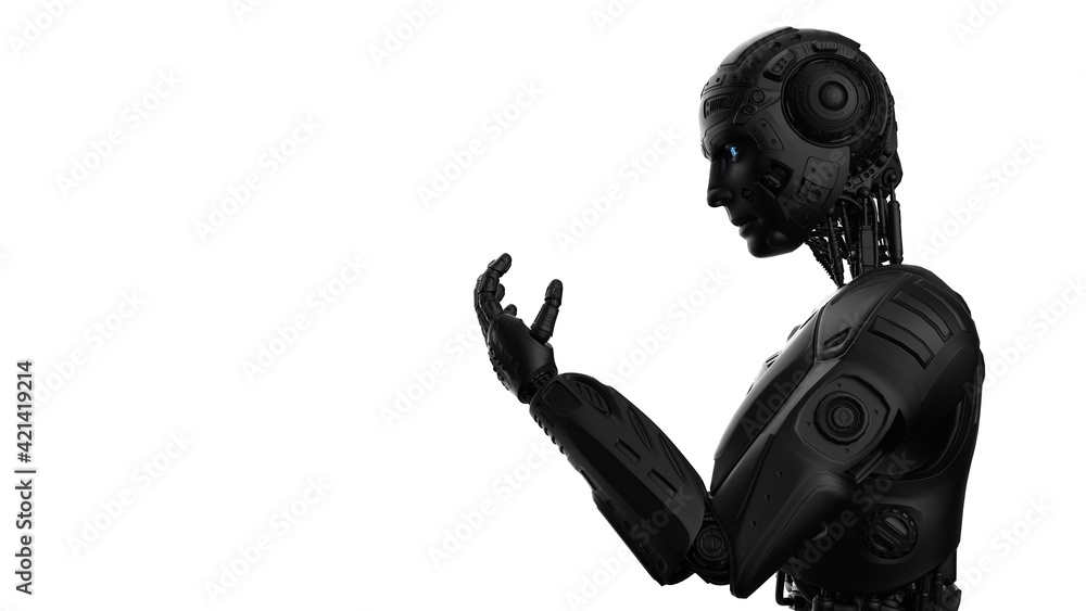 Detailed appearance of the Black AI robot under white background. 3D illustration. 3D high quality rendering. 3D CG. Detailed appearance of the Black AI robot under white background. 3D illustration. 3D high quality rendering. 3D CG.
