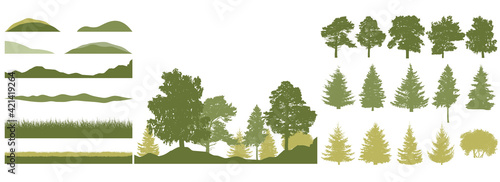 Spring season, constructor kit of trees, grass, hill. Beautiful silhouettes of spruce and pine and coniferous trees and birch, etc. Set of design elements. Vector illustration.