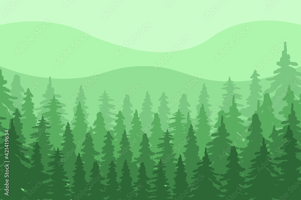 Fototapeta premium Vector illustration background with nature idea. This design background on greenish color that capture the natural beauty of mountains surrounded by pine trees.