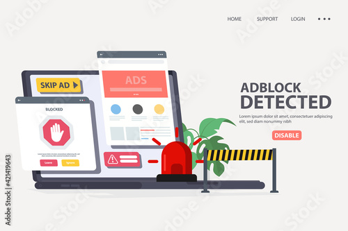 Please, disable ad blocker vector web browser message banner illustration for your blog or website. Ad blocker detection alert