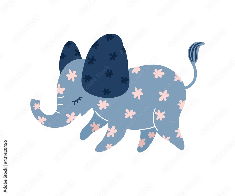 Cute cartoon blue elephant with pink flowers. Vector illustration isolated on white background Cute cartoon blue elephant with pink flowers. Vector illustration isolated on white background
