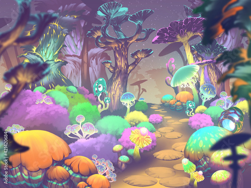 Digital illustration of a beautiful magic mushroom garden with glowing plants 