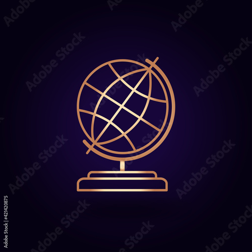 Gold globe icon. Vector illustration isolated on a blue background. School topics.