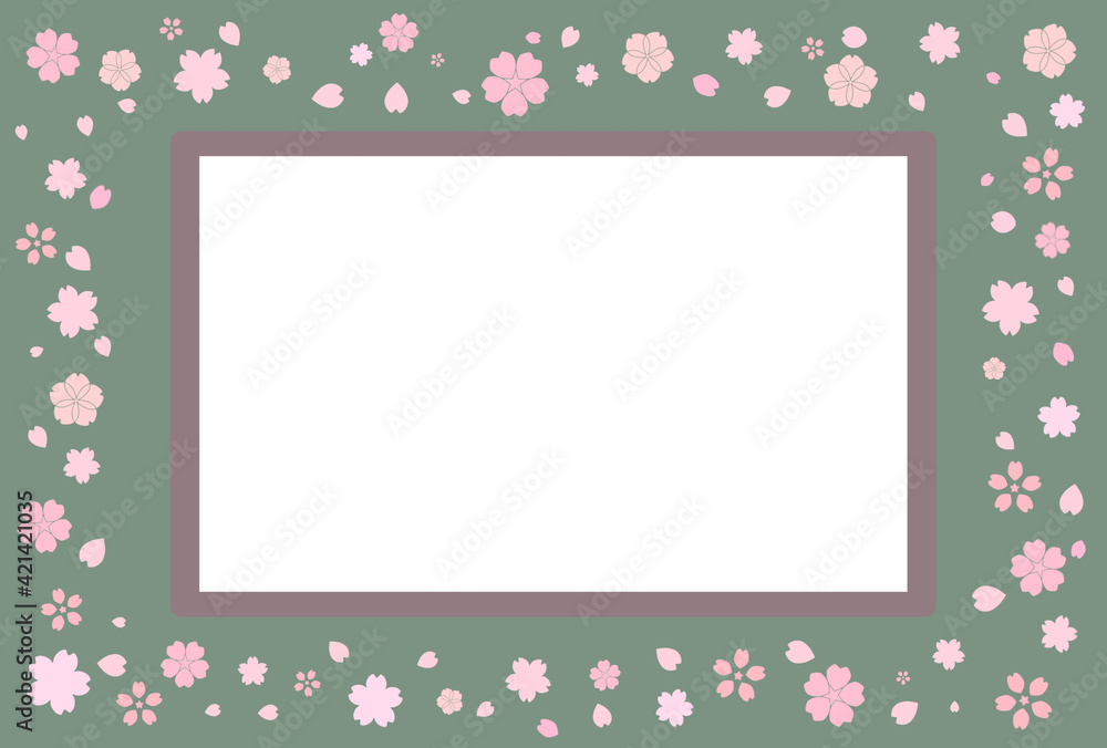 枠あり　抹茶　緑色　和風　桜柄　桜の花　入学　卒業　正月　成人式　年賀状　はがきテンプレート
