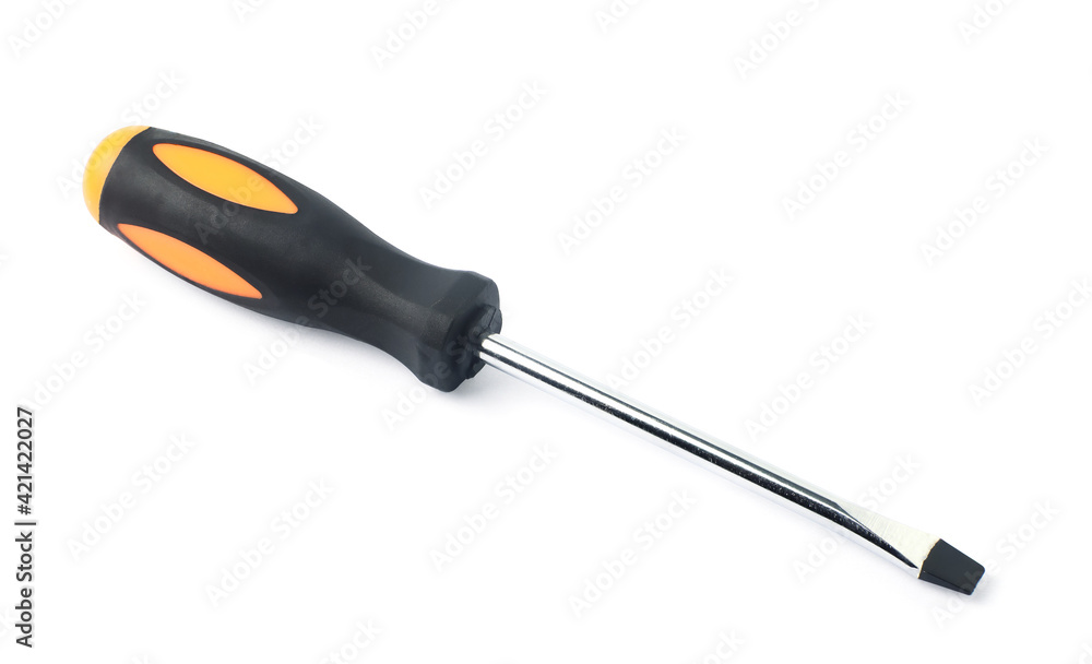 Close up Screwdriver, metal tool, plastic handle, orange-black, for repairing, isolated on white background. With clipping path. Close up Screwdriver, metal tool, plastic handle, orange-black, for repairing, isolated on white background. With clipping path.