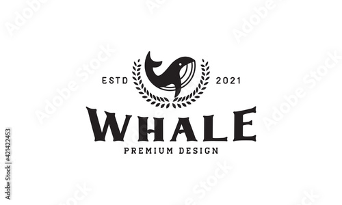  whale with wreath leaf  logo vector symbol icon design illustration