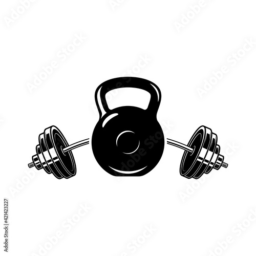 Illustration of of kettlebell and barbell . Design element for logo, label, sign, emblem, poster. Vector illustration