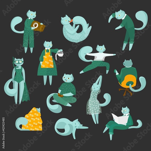Set with cheerful cat characters. Funny, cute animals. Home sitting life style. Vector illustration. Daily routine. 