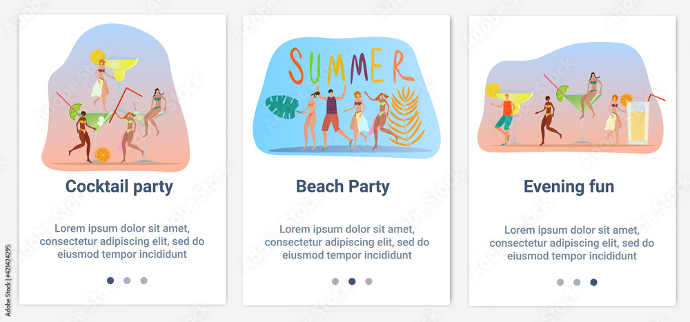 Modern flat illustrations in the form of a slider for web design. A set of UI and UX interfaces for the user interface.The theme of Fun, cocktails and beach parties. Modern flat illustrations in the form of a slider for web design. A set of UI and UX interfaces for the user interface.The theme of Fun, cocktails and beach parties.