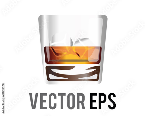 Vector short flat tumbler glass of brown liquor Scotch whisky icon with ice cube