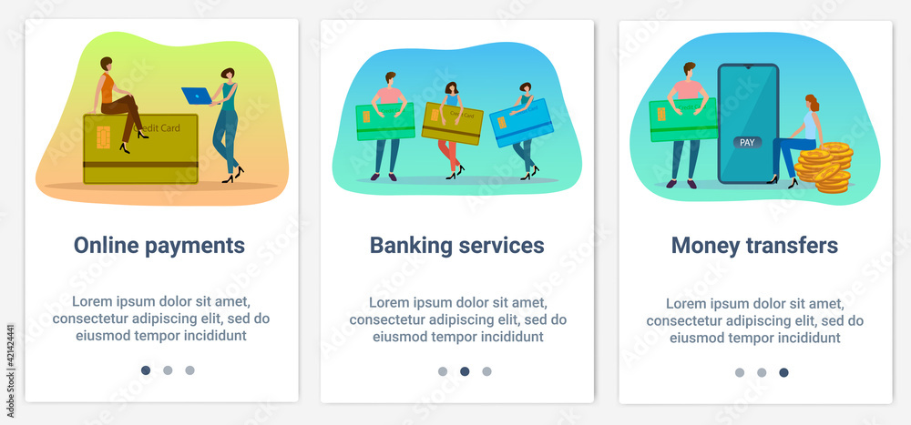 Modern flat illustrations in the form of a slider for web design. A set of UI and UX interfaces for the user interface.Topic Online payments and money transfers.