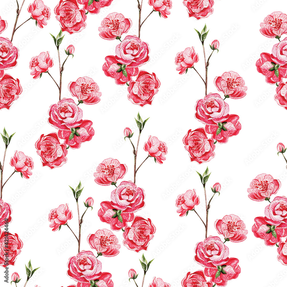 Seamles pattern with japanese sakura with pink flowers.