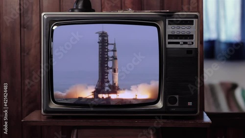 Apollo 11 Rocket Launch in an Old Vintage TV Set. Elements of this Video Furnished by NASA. 4K Resolution.