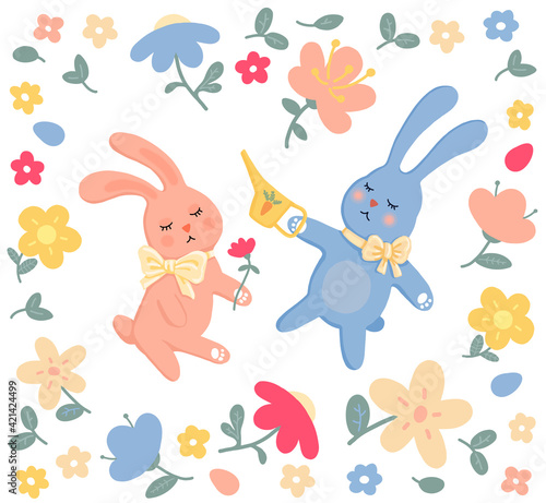 vector set of cute spring cartoon gardeners bunnies  plants and flowers. Easter in the garden. collection of scrabbook elements. baby style illustration