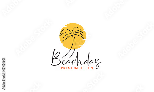 single lines coconut tree with sunset logo vector symbol icon design illustration