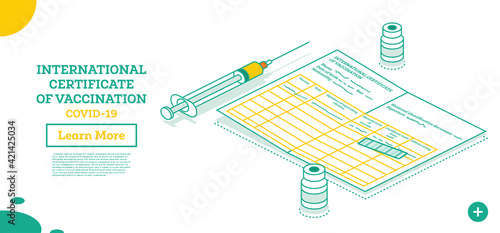 International Certificate of Vaccination - Coronavirus Covid-19. Isometric Outline Concept with Syringe and Vial of Vaccine.