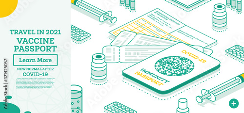 Isometric Immunity Passport with Tickets and International Certificate of Vaccination - Coronavirus Covid-19.