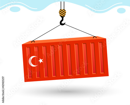 Port crane picks up cargo containers with flag of China.
