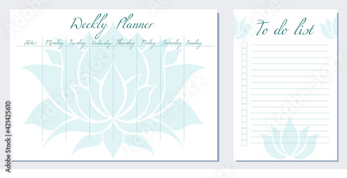 Set of day organization templates with silhouette ofl lotus. Weekly planner and to do list. Stylization of blue water lily. Spirituality template setting tasks for the day and for the week