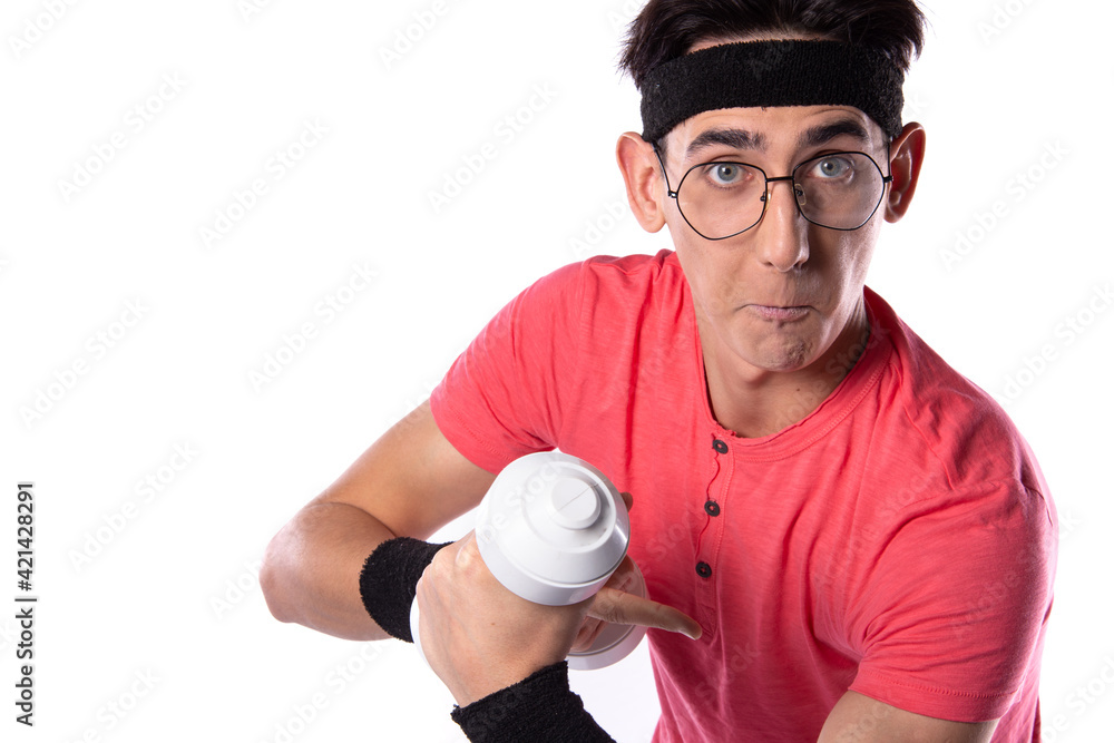 A young guy in shorts and a T-shirt goes in for sports and fitness. Retro style. 80s, 90s, 70s. Isolate. White background. A young guy in shorts and a T-shirt goes in for sports and fitness. Retro style. 80s, 90s, 70s. Isolate. White background.