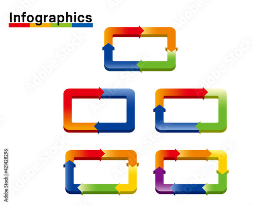 インフォグラフィックスイラストセット｜立体3D分割スクエア四角形と矢印のチャート図PDCAビジネス