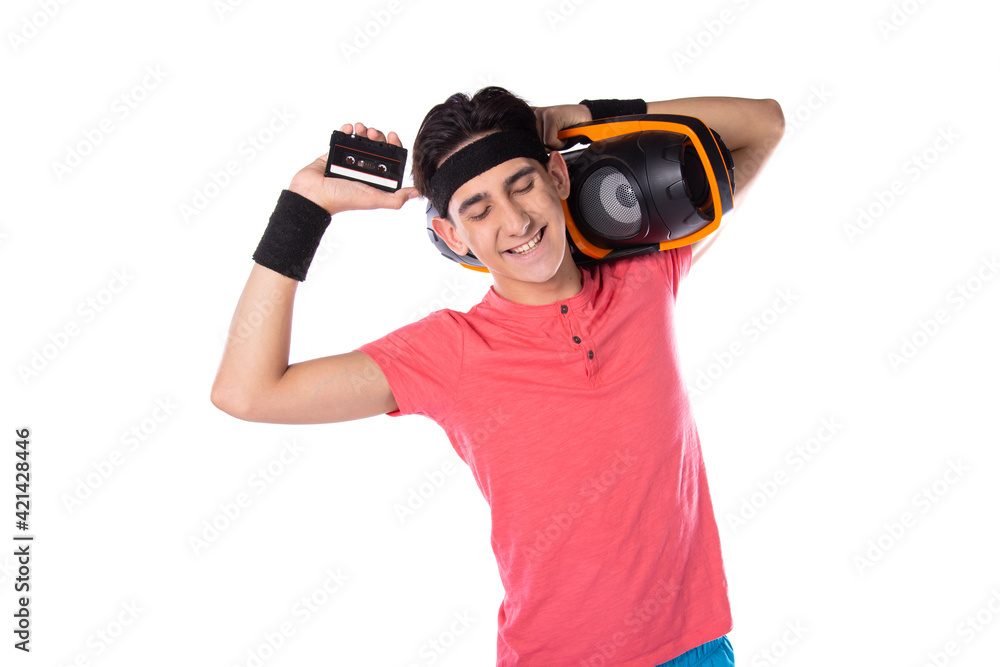A young guy in shorts and a T-shirt goes in for sports and fitness. Retro style. 80s, 90s, 70s. Isolate. White background. A young guy in shorts and a T-shirt goes in for sports and fitness. Retro style. 80s, 90s, 70s. Isolate. White background.