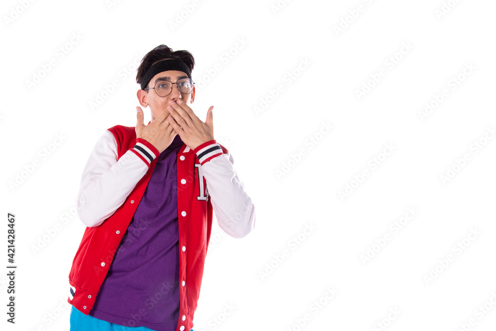 A young guy in shorts and a T-shirt goes in for sports and fitness. Retro style. 80s, 90s, 70s. Isolate. White background.