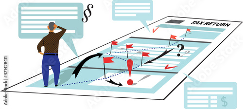 Confused man standing over a tax return form, showing red flags, questions and comments, EPS 8 vector illustration