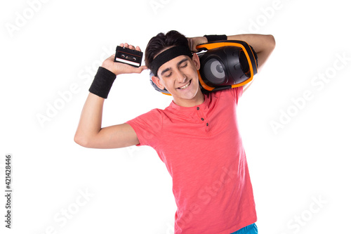 A young guy in shorts and a T-shirt goes in for sports and fitness. Retro style. 80s  90s  70s. Isolate. White background.