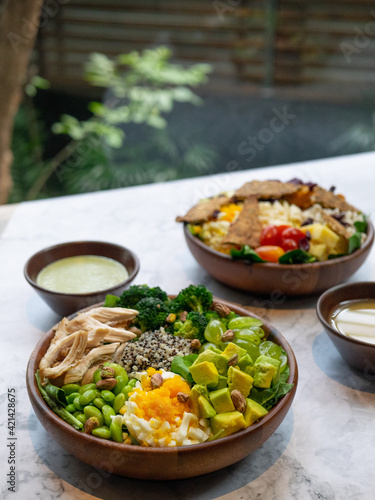 Cafe - Salad bowl with variety of vegetable, beans, salad cream