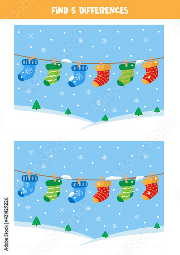Find 5 differences between two pictures with socks hanging.