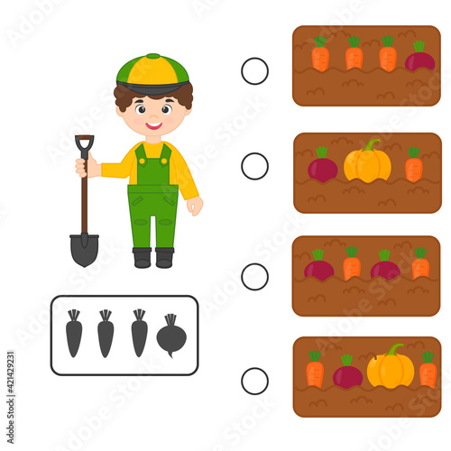Educational logica kids game. Find vegetables in the garden with carrots, pumpkin, beet. Printable worksheet for kids brain teaser book. Vector illustration
