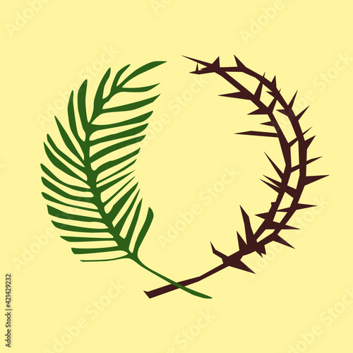 Palm sunday, Easter day.Palm branch crown of throns, cross in red heart. Jesus love.Easter, good friday, worship, Christian background.Church service, Good friday.Religion background.Illustration.