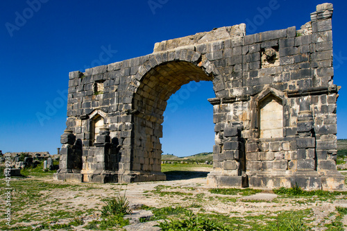 UNESCO heritage. Extensive complex of ruins of the Roman city Volubilis - of ancient capital city of Mauritani. Meknes region, Morocco, North Africa