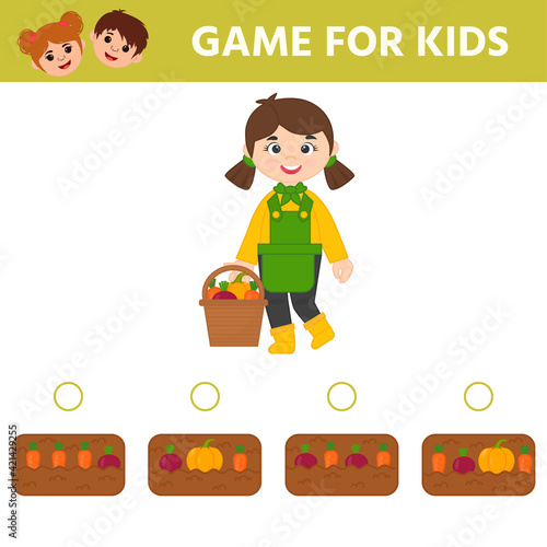 Educational logica kids game. Find vegetables in the garden with carrots, pumpkin, beet. Printable worksheet for kids brain teaser book. Vector illustration