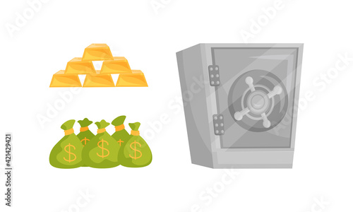 Bar of Gold, Sacks with Money Cash and Metal Safe Deposit for Money Storage Vector Set