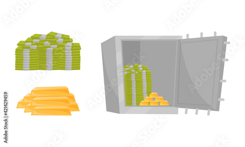 Bar of Gold, Pile of Money Cash and Metal Safe Deposit for Money Storage Vector Set