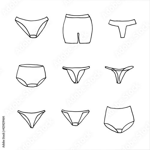 Vector set of female panties in the style of doodle. Hand Drawn Lingerie Items - Briefs (Tong, Tanga, bikinis, Brazilian, Hipster, Shorts, Slips, Retro)