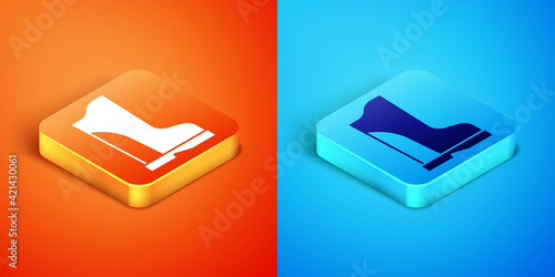 Isometric Waterproof rubber boot icon isolated on orange and blue background. Gumboots for rainy weather, fishing, gardening. Vector
