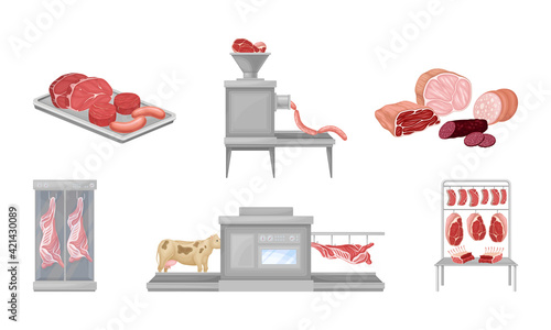 Beef Meat and Sausage Products Automated Factory Production Line Process Vector Set