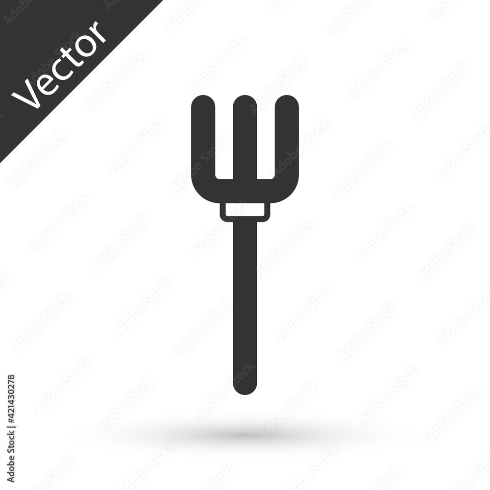 Grey Garden pitchfork icon isolated on white background. Garden fork sign. Tool for horticulture, agriculture, farming. Vector Grey Garden pitchfork icon isolated on white background. Garden fork sign. Tool for horticulture, agriculture, farming. Vector
