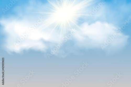 Set of transparent different clouds with sun. Spring, summer isolated on blue background. Real transparency effect.
