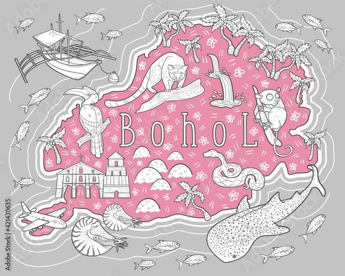 Map of Bohol island, Philippines. Vector illustration. Cartoon style. Architecture, animals, fish, showplaces, boat, tarsier, bird, snake, cat, palms, church, while shark, chocolate hills, waterfall.