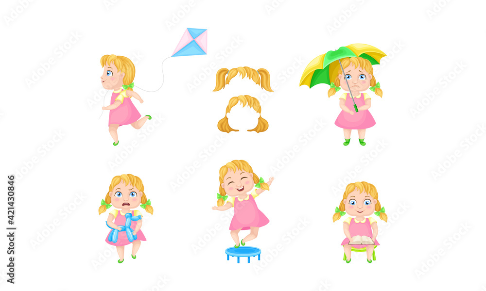 Girl Character Reading Book and Playing with Kite Vector Set