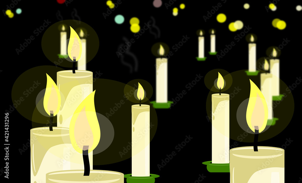 Group of candle flames burning to infinity. Illustration. Solemn scene. Fire, lighting. Depth. Group of candle flames burning to infinity. Illustration. Solemn scene. Fire, lighting. Depth.