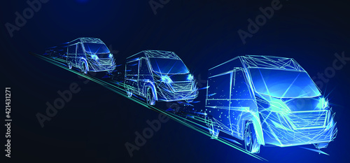 Large van. Abstract vector 3d Column of delivery vans. Isolated on blue. Transportation vehicle, delivery transport, cargo logistic concept. Freight shipping, international delivering industry. Low po