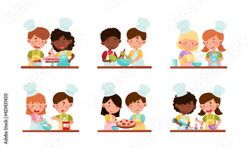 Happy Boy and Girl Chef Characters Wearing Apron and Hat Cooking Pizza and Baking Pastry Together Vector Set