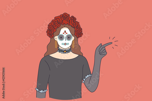Celebrating Happy Halloween holiday concept. Horrible female in special outfit with white clay skull to look spooky pointing aside against red background vector illustration 